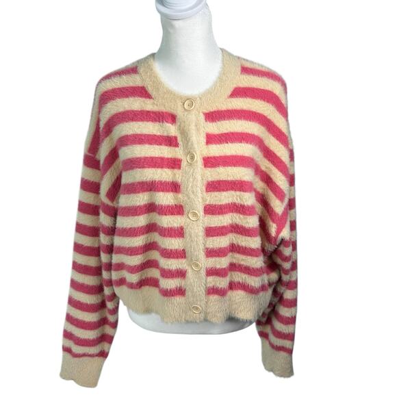 Levi's Cat Cardigan Sweater Jenny Stripe Tan Pink Ultra Soft Fuzzy Sz XXL Girly - Picture 1 of 12